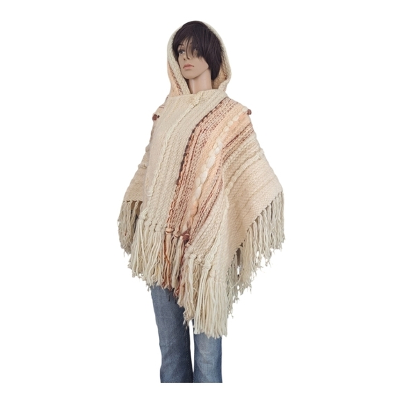 martine gruber vintage 100 pure virgin wool Hand woven poncho with hood fringes - Picture 8 of 16